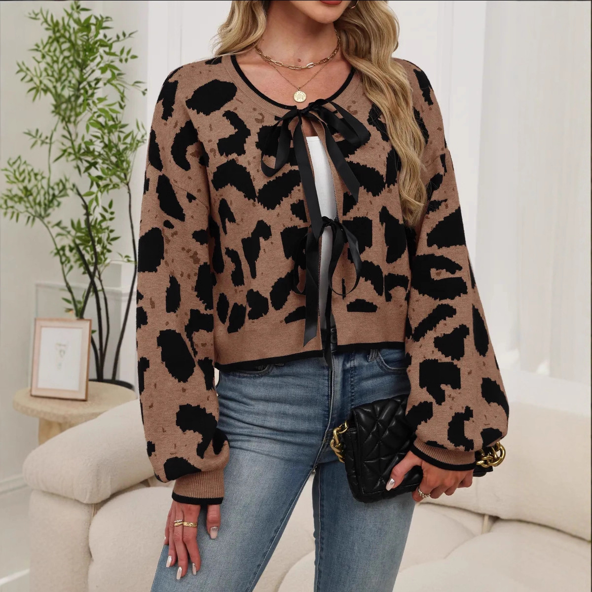 2025 Cross-Border Autumn and Winter New Casual Leopard Print Bow Women's Knitted Cardigan Jacket