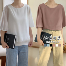 日韩乐天2024夏新款无袖蝙蝠衫宽松圆领休闲百搭雪纺衫