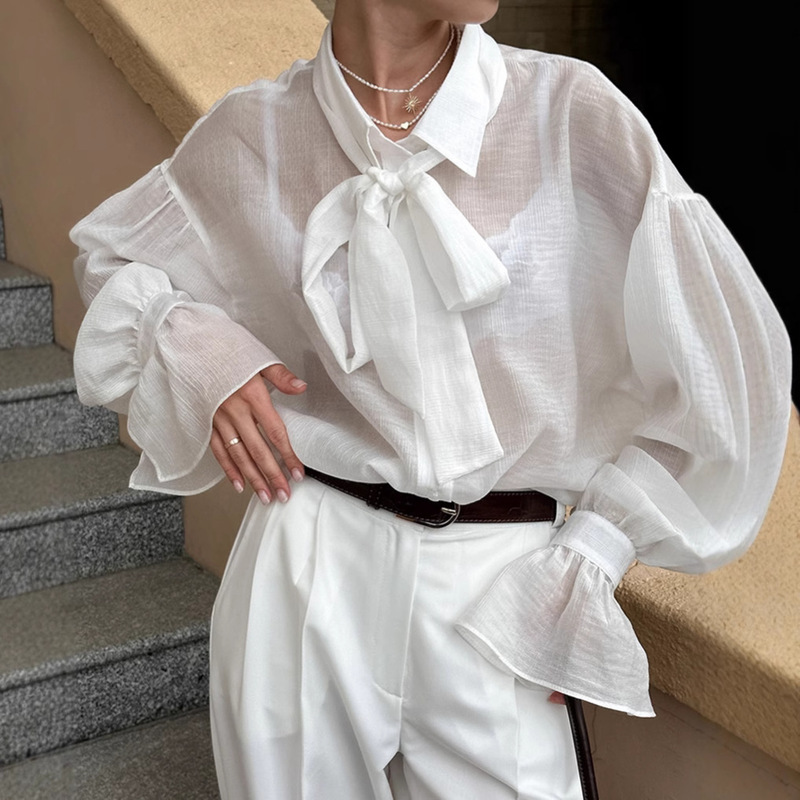 European and American Style Sexy Sheer White Tencel Tie-Front Women's Shirt 2026 Spring/Summer New High-End Crepe Top for Women