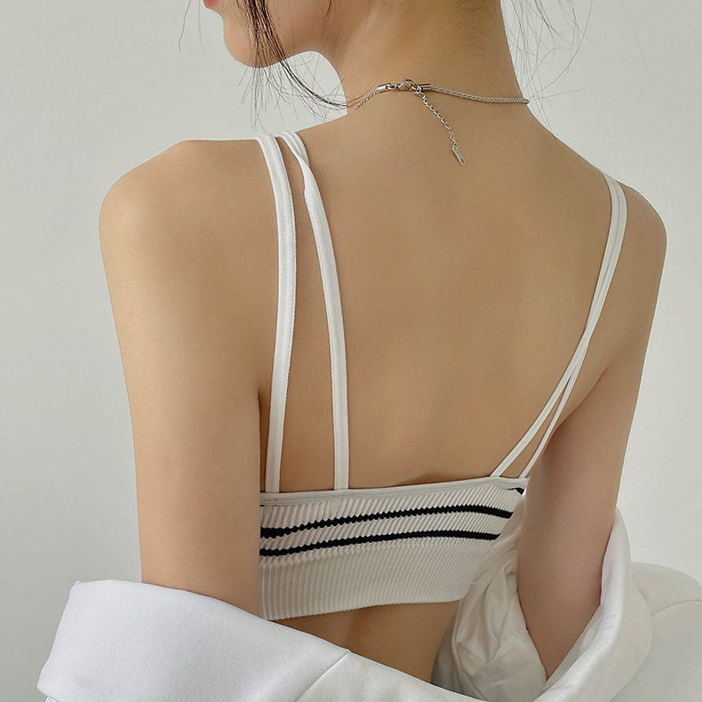 Belleza espalda sexy Copa ropa interior de una pieza de las mujeres de la correa de hombro doble a rayas Delgado Estilo Chaleco pequeño pecho tubo superior deportes envuelto pecho