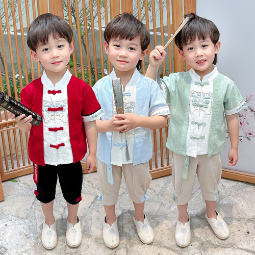 Children's Tang suit boys Chinese style new short-sleeved young master suit girls cotton and linen Hanfu 61 performance clothes wholesale
