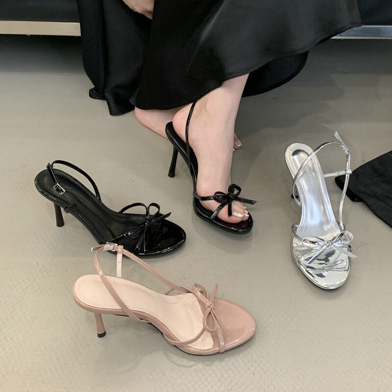 2025 New Summer Outer Wear Open-Toe Slippers Korean Style Round-Toe Patent Leather Bow One-Strap High-Heeled Sandals for Women