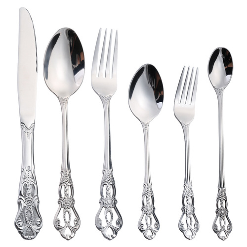 W Huangting tableware cross-border stainless steel spoon and fork hollow retro embossed Huangting 5-piece set European steak knife, fork and spoon