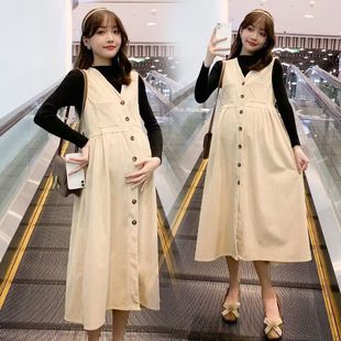 2023 autumn and winter pregnant women's bottoming sweater + corduroy suspender skirt two-piece set dress