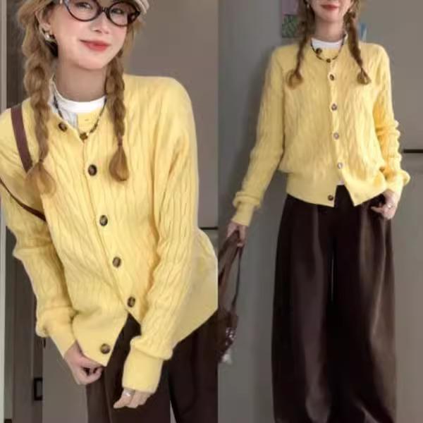 French Lazy Style Creamy Yellow Twist Sweater Cardigan 2025 Spring New Long Sleeve Sweater Coat Women's Clothing