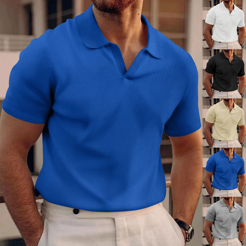 24 Cross-border European and American Summer AliExpress Amazon New Polo Shirt Lop V-Neck Waffled Short-sleeved Men's T-shirt