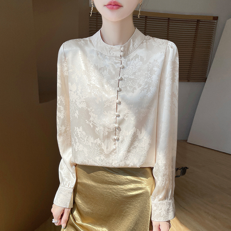 New Chinese Style National Style Shirt for Women 2025 Spring and Summer New Style Small Stand-Up Collar High-End Accessible Luxury Long-Sleeved Top Shirt New Chinese Style National Style Shirt for Women 2025 Spring and Summer New Style Small Stand-Up Collar High-End Accessible Luxury Long-Sleeved Top Shirt