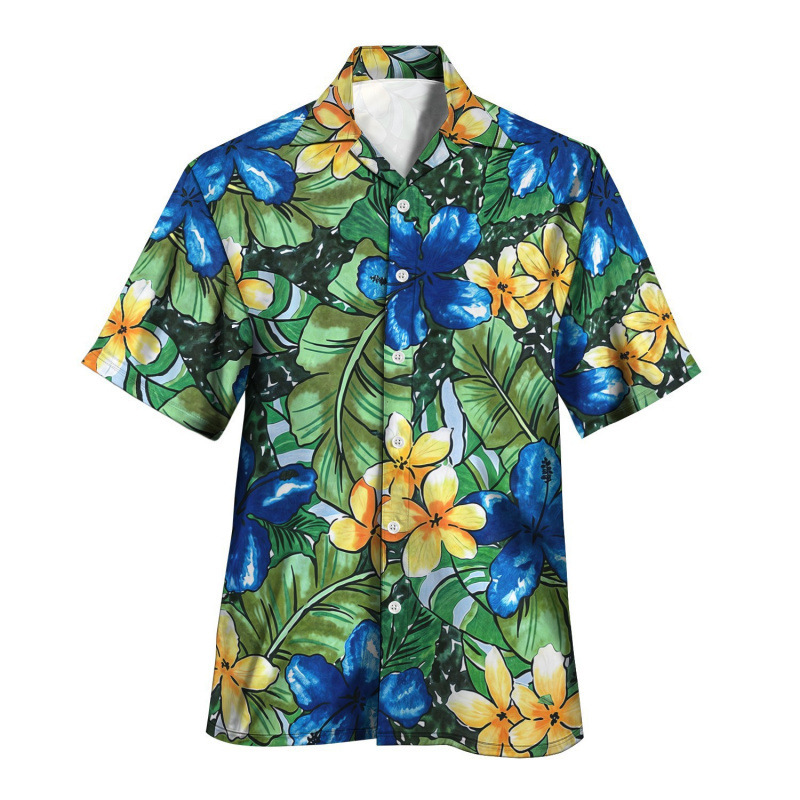 Cross-Border Cardigan Short-Sleeved Cuban Collar Men's Hawaiian Shirt Comfortable and Trendy Seaside 3D Printing Source Factory