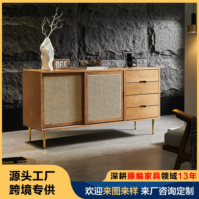 Quiet Style Solid Wood Side Cabinet Japanese-style Rattan Storage Cabinet with sliding door Small Apartment Living Room Entrance Cabinet Tea Cabinet