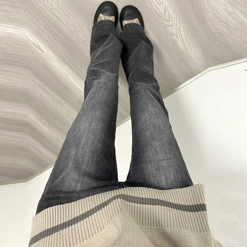 Women's High Waist Stretch Flared Jeans - Vintage Black Gray Bootcut Pants For Spring, Straight Leg To Floor Length_ecoleips.com
