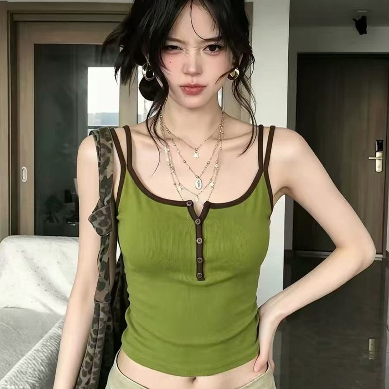 Summer New Style French Pure Desire Girly Style Camisole Women's Sleeveless Slim Fit Contrasting Color Splicing Short Top Summer New Style French Pure Desire Girly Style Camisole Women's Sleeveless Slim Fit Contrasting Color Splicing Short Top