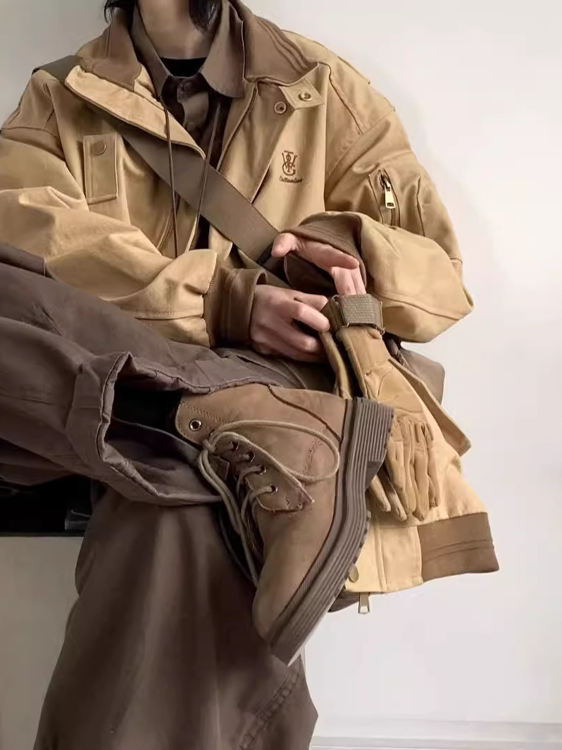 Estilo japonés retro bordado Diseño ropa de trabajo chaqueta de los hombres y las mujeres de Primavera y Otoño Nueva solapa suelta de color a juego Chaqueta de traje de vuelo