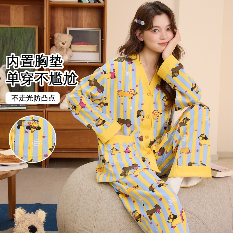 Women's cotton V-neck pajamas with chest pads, 2026 autumn/winter cardigan long-sleeve long-pants set, cartoon dachshund home wear Women's cotton V-neck pajamas with chest pads, 2026 autumn/winter cardigan long-sleeve long-pants set, cartoon dachshund home wear