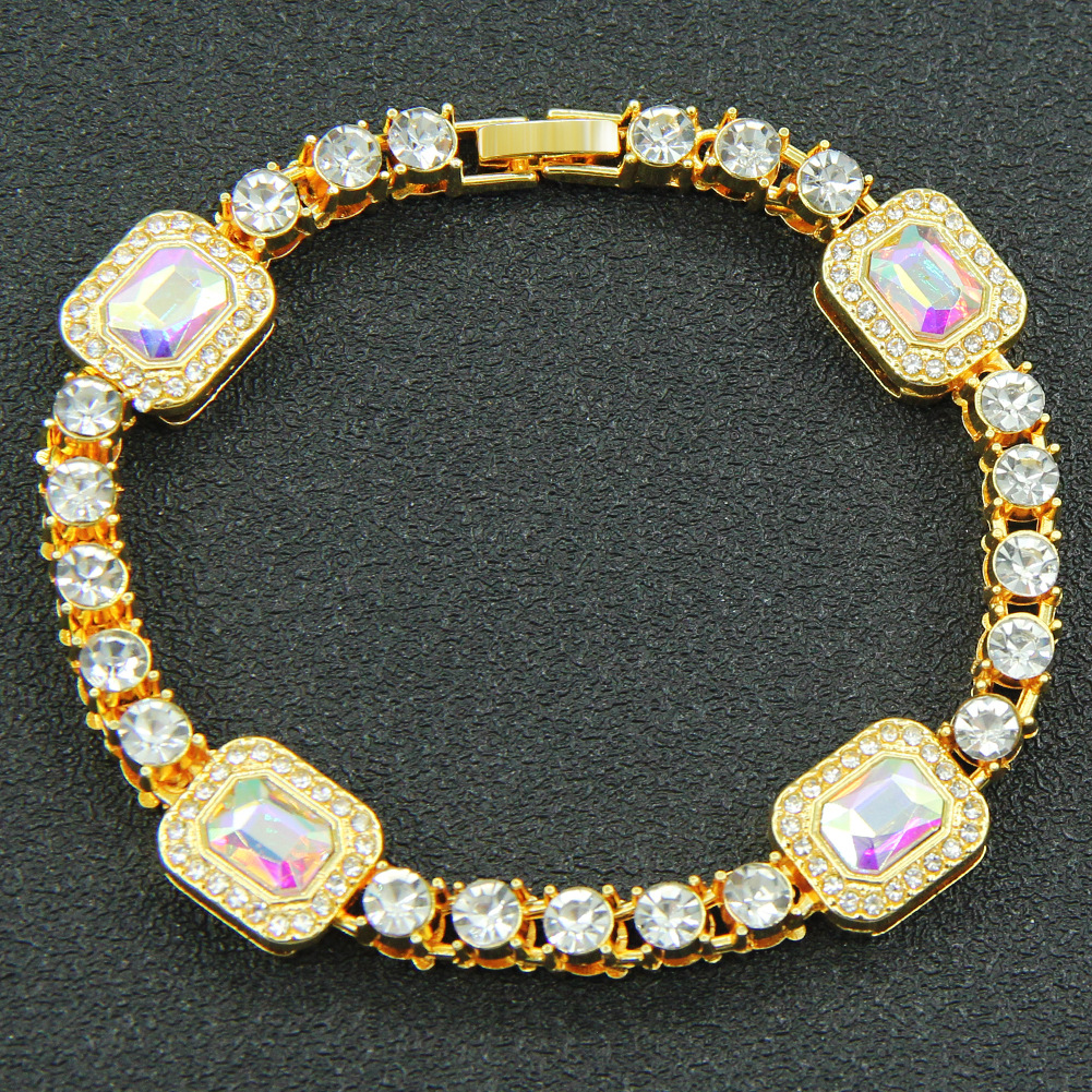 Europäische und amerikanische Hip-Hop-Persönlichkeit Patchwork Rechteckige bunte Diamantkette Herren Cooler Trendiger Choker_voghion.com