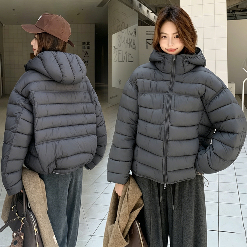 Minimalist Style Ribbed Warm Hooded Cotton Jacket 2026 Winter New Fashion Korean Style Loose Cotton Coat Thick Outerwear
