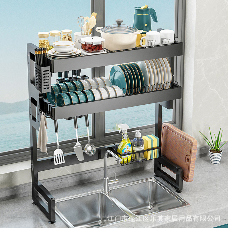 Fregadero de la cocina estante de drenaje estante de almacenamiento estante para platos encimera vajilla de múltiples capas estante de almacenamiento cesta de drenaje para lavar platos negro