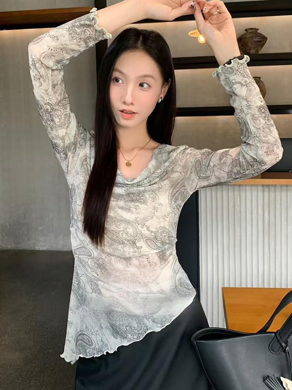 杭州漂依2025秋季新款别致晕染堆堆领木耳花边长袖T恤女精致上衣|undefined