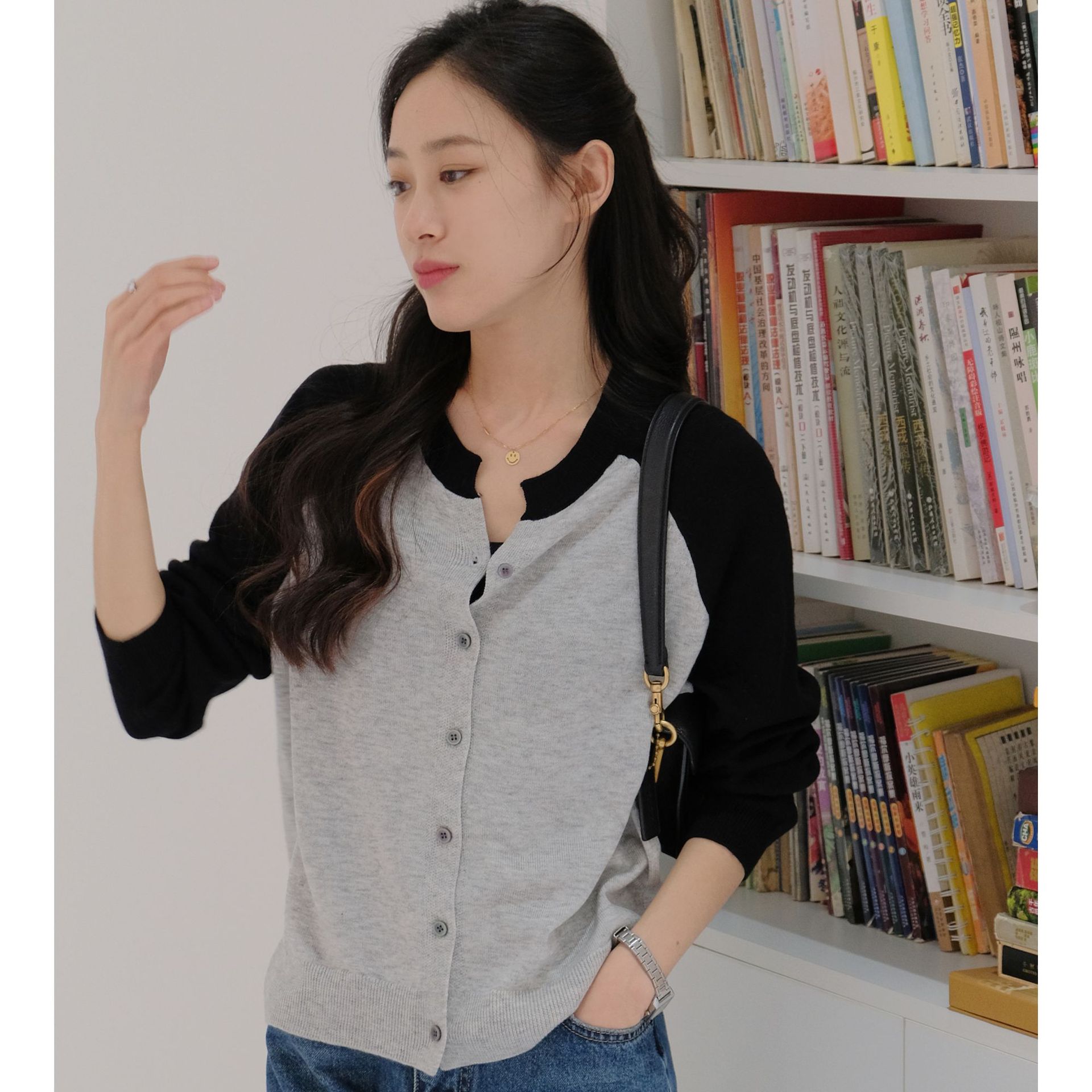 小衆設計感！韓系拼色寬松顯瘦百搭薄款長袖羊毛針織開衫外套女春