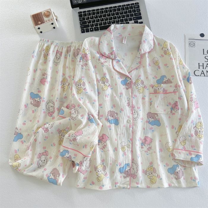 Pijamas al por mayor transfronterizas, estudiantes de otoño, pantalones de manga larga de estilo dulce, algodón de nube, reducción de edad, traje de servicio a domicilio de estilo rojo de red