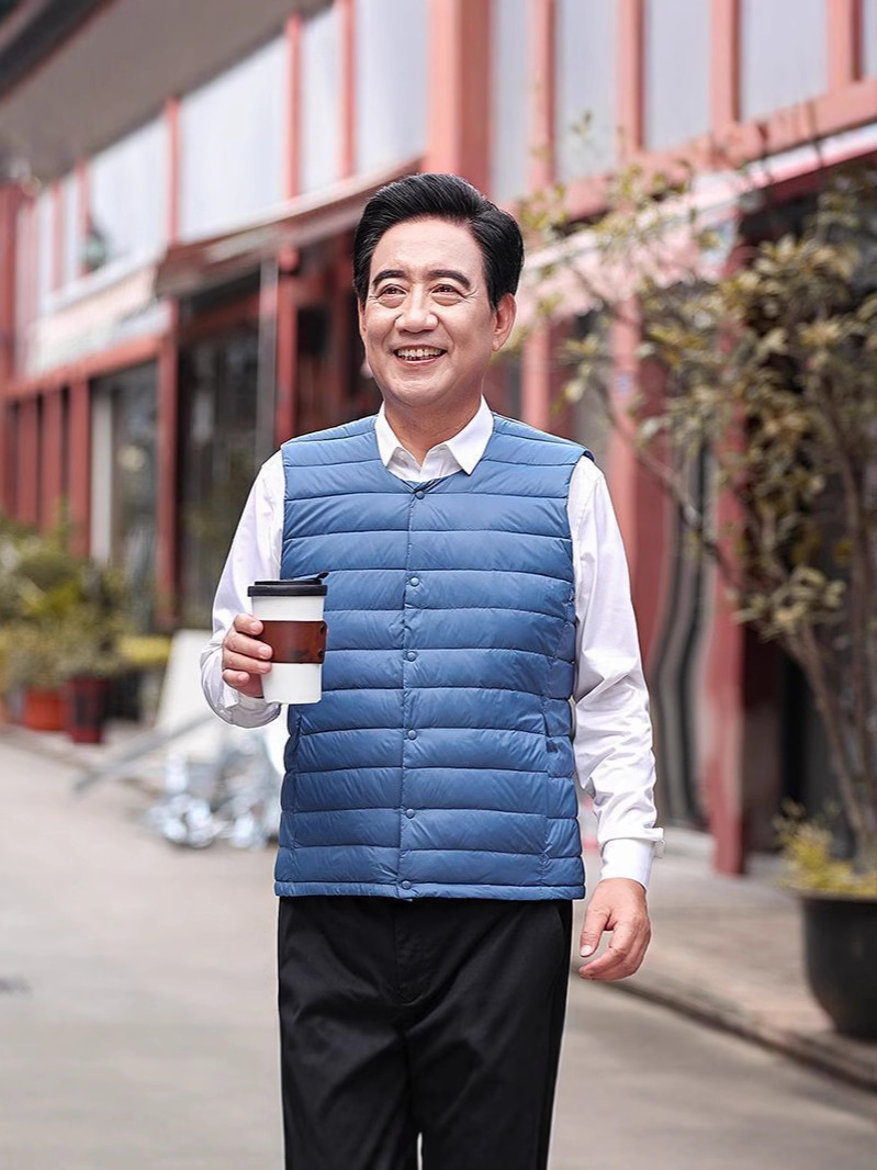 Otoño y invierno padre hombre chaleco de pluma de mediana edad chaleco de cuello redondo chaqueta de hombro delgada abrigo corto cálido