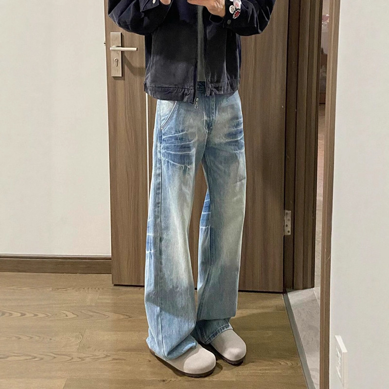 Light Blue Heavyweight Washed Handsome Jeans Men's American High Street Vibe Pants Loose Slim Straight Pants Men
