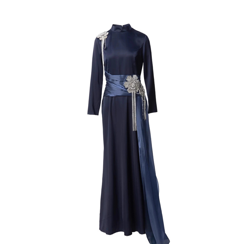 High-End Navy Blue Satin Long Dress with Rhinestone Flower Stand Collar Waist Skirt Banquet Commuting Elegant Evening Dress