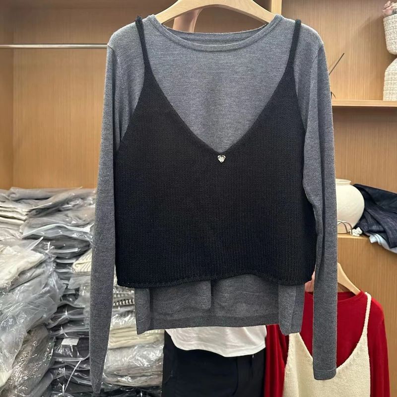 圆领纯色打底小衫背心马甲叠穿两件套2024秋新针织背心套装女潮|undefined