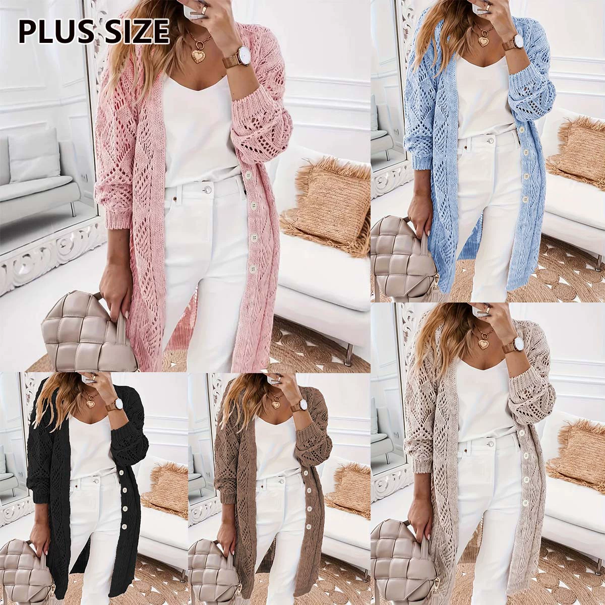 Женский кардиган-свитер больших размеров, свободный крой, длинный рукав, ажурный, в европейско-американском стиле