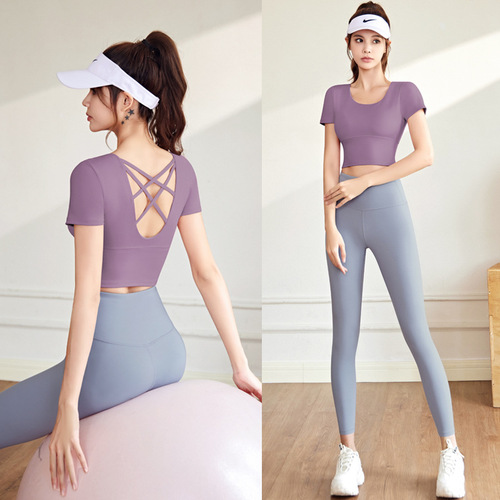 Beautiful back yoga suit suit slim slimming sports short-sleeved top for women with nude feeling and chest pad running yoga suit suit