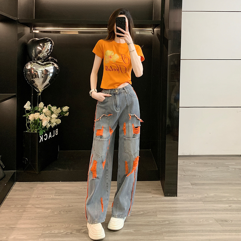 American Street Style Hawaiian Short-Sleeved T-Shirt for Women, Fashionable Retro Simple Jeans for Women, New Spring and Summer Two-Piece Suit American Street Style Hawaiian Short-Sleeved T-Shirt for Women, Fashionable Retro Simple Jeans for Women, New Spring and Summer Two-Piece Suit