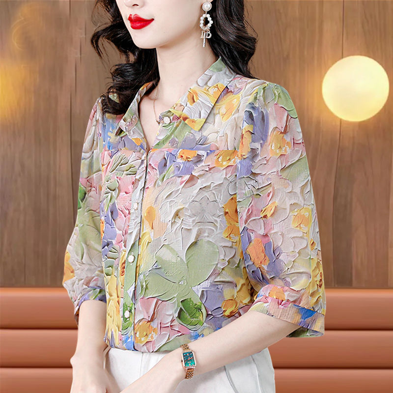 Counter Hangzhou Chiffon Shirt Seven-sleeve Top Women's Summer New Loose Fashion Printed Elegant Small Shirt
