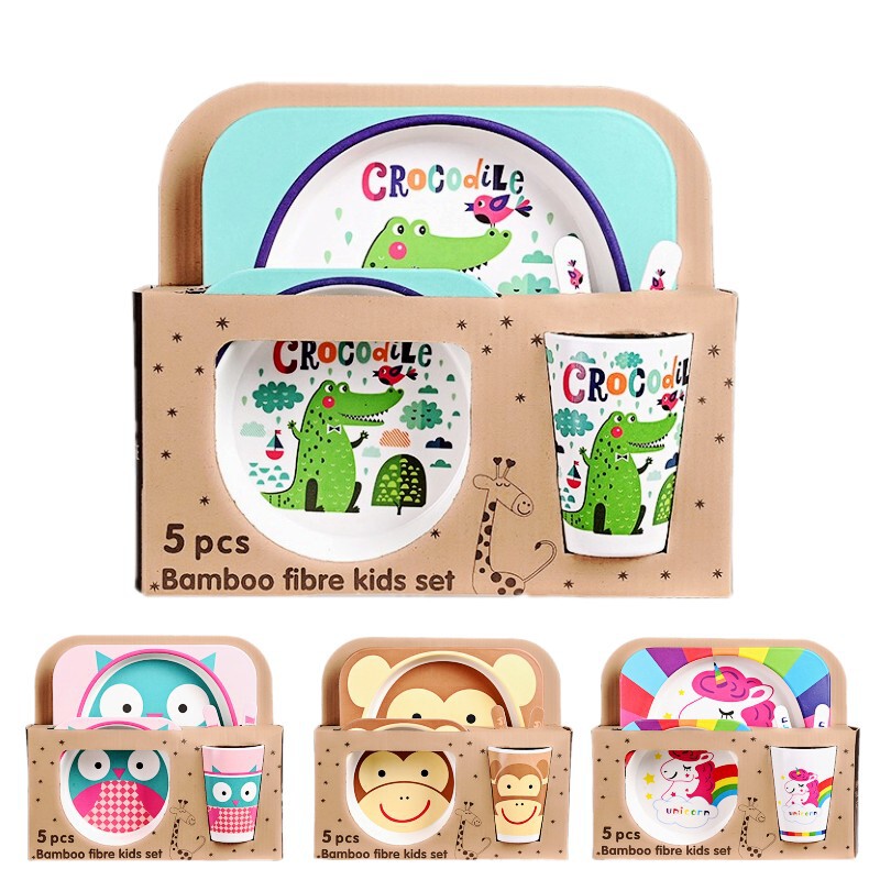 Bamboo fiber children's tableware suit baby cartoon grid plate Rice Bowl Bowl Cup fork spoon maternal and infant shop gift
