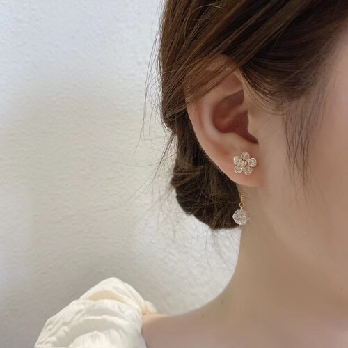 Korea Dongdaemun S925 silver needle micro-paved zircon flower earrings detachable two-wear chain crystal ball crystal flower