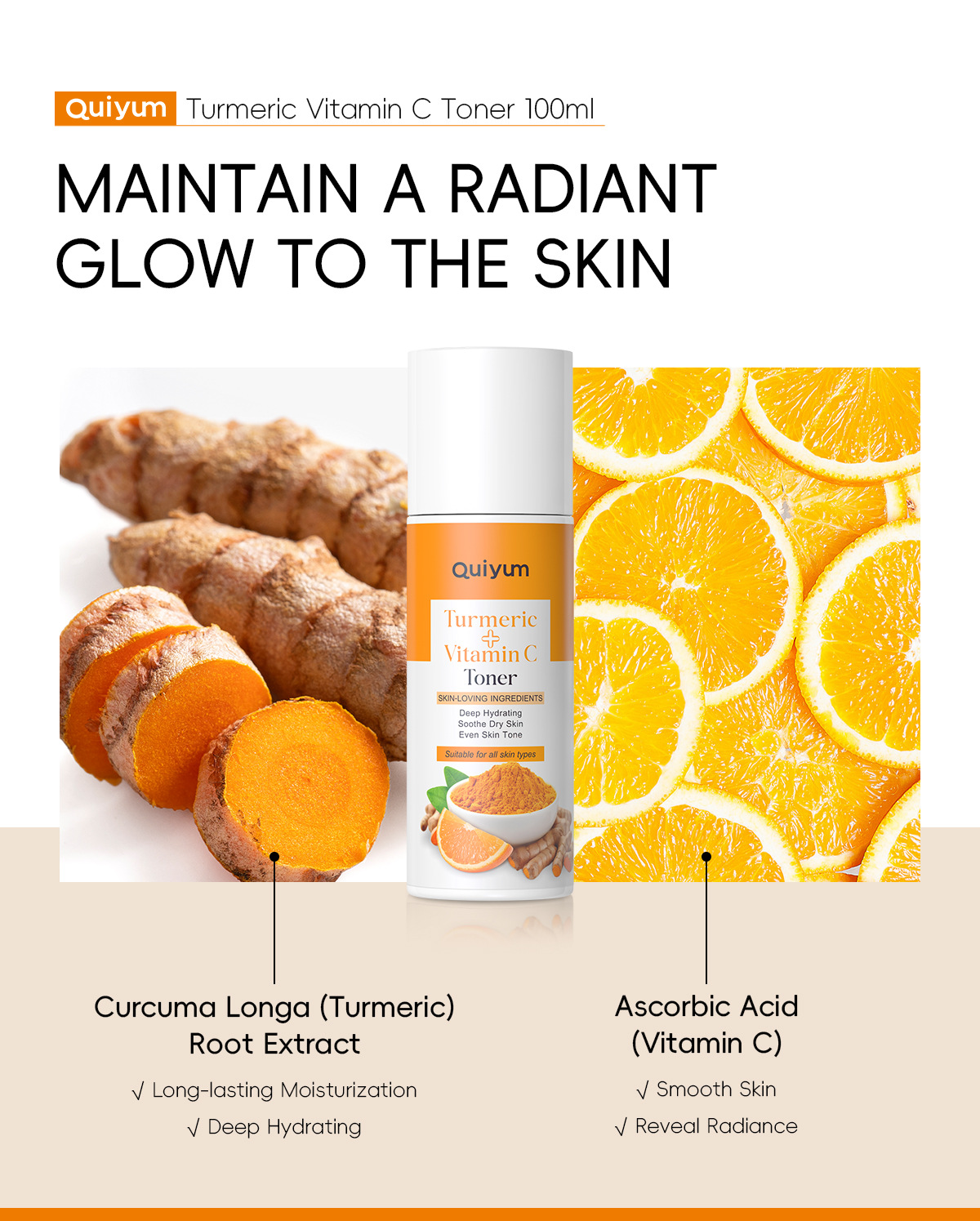 Cross-border new product QUIYUM Turmeric Vitamin c Toner 100ml for hydrating and moisturizing the face is available for wholesale from the manufacturer undefined