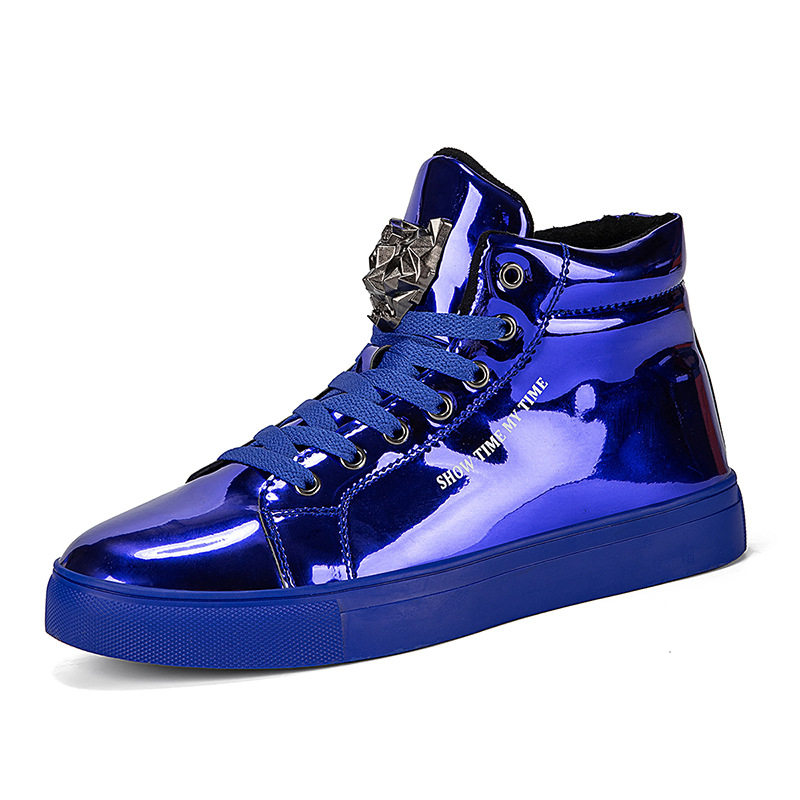 Giày sneaker nam cổ cao da bóng phong cách Hàn Quốc, giày thể thao thời trang cá tính — Bạc, màu xanh, màu đen, màu đỏ
