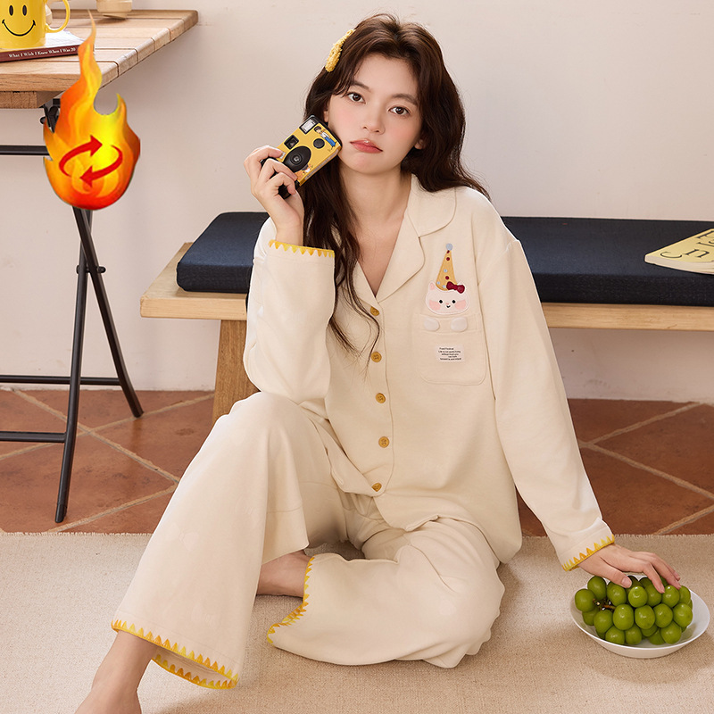 Women's autumn and winter pajamas, silk and wool blend, thickened long-sleeved cardigan, heat-retaining and warm, sweet and comfortable loungewear, suitable for wearing outside Women's autumn and winter pajamas, silk and wool blend, thickened long-sleeved cardigan, heat-retaining and warm, sweet and comfortable loungewear, suitable for wearing outside