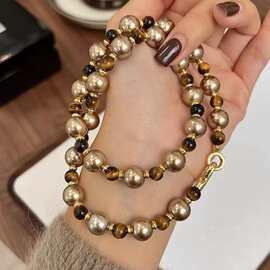秋冬款美拉德虎眼石摩卡金棕施家珍珠混彩项链轻奢小众设计毛衣链