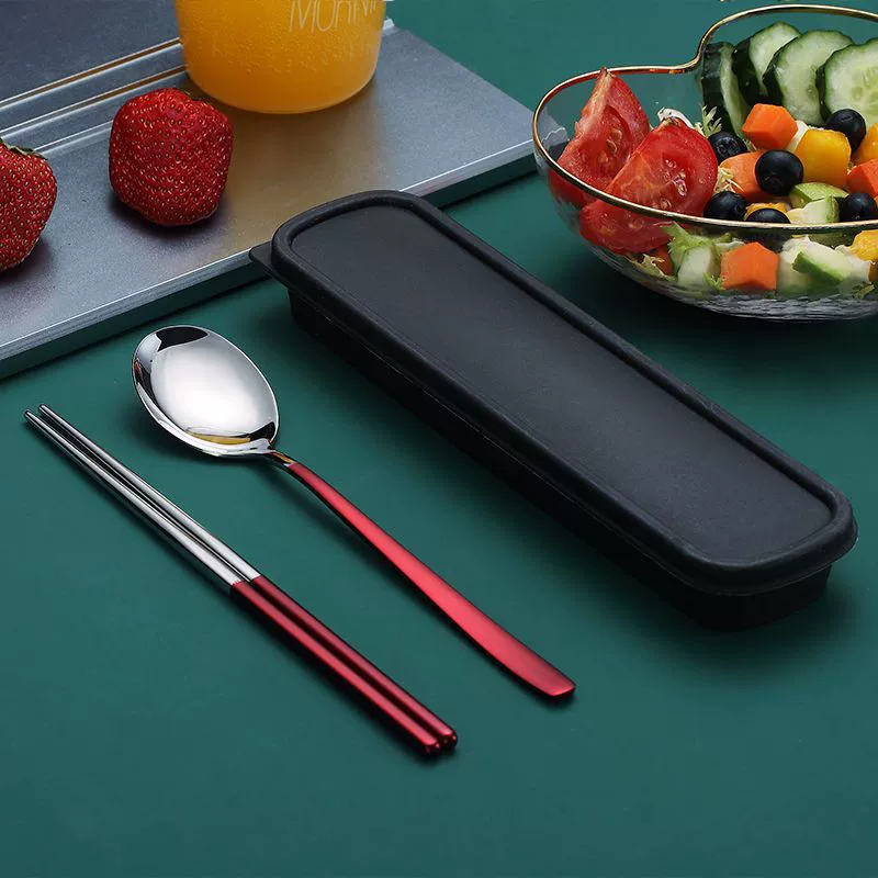 Spoon, chopsticks, fork, set stainless steel, handheld Korean tableware for elementary school students, storage system, 3 piece set