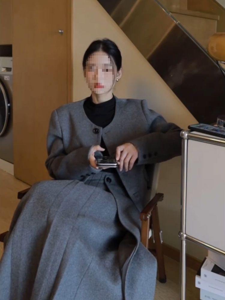 感搭配洋装富家千金韩剧呢子上衣a字百褶裙清新小香风两件套