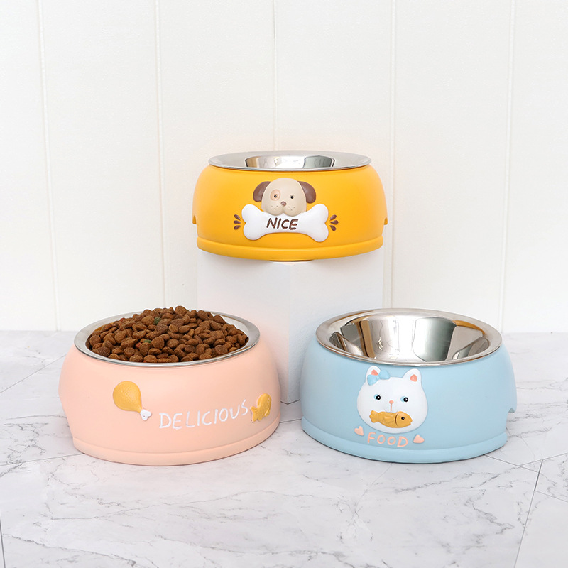 Creativo de dibujos animados de acero inoxidable para mascotas tazón de comida para gatos tazón para beber antidetonantes suministros para mascotas tazón de resina antideslizante tazón