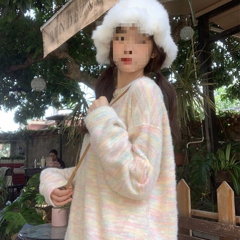 Korean Style Rainbow Soft Waxy Sweatshirt for Women in Autumn and Winter New Loose Lazy Sweater Ins Versatile Knitted Top Fleece-Lined