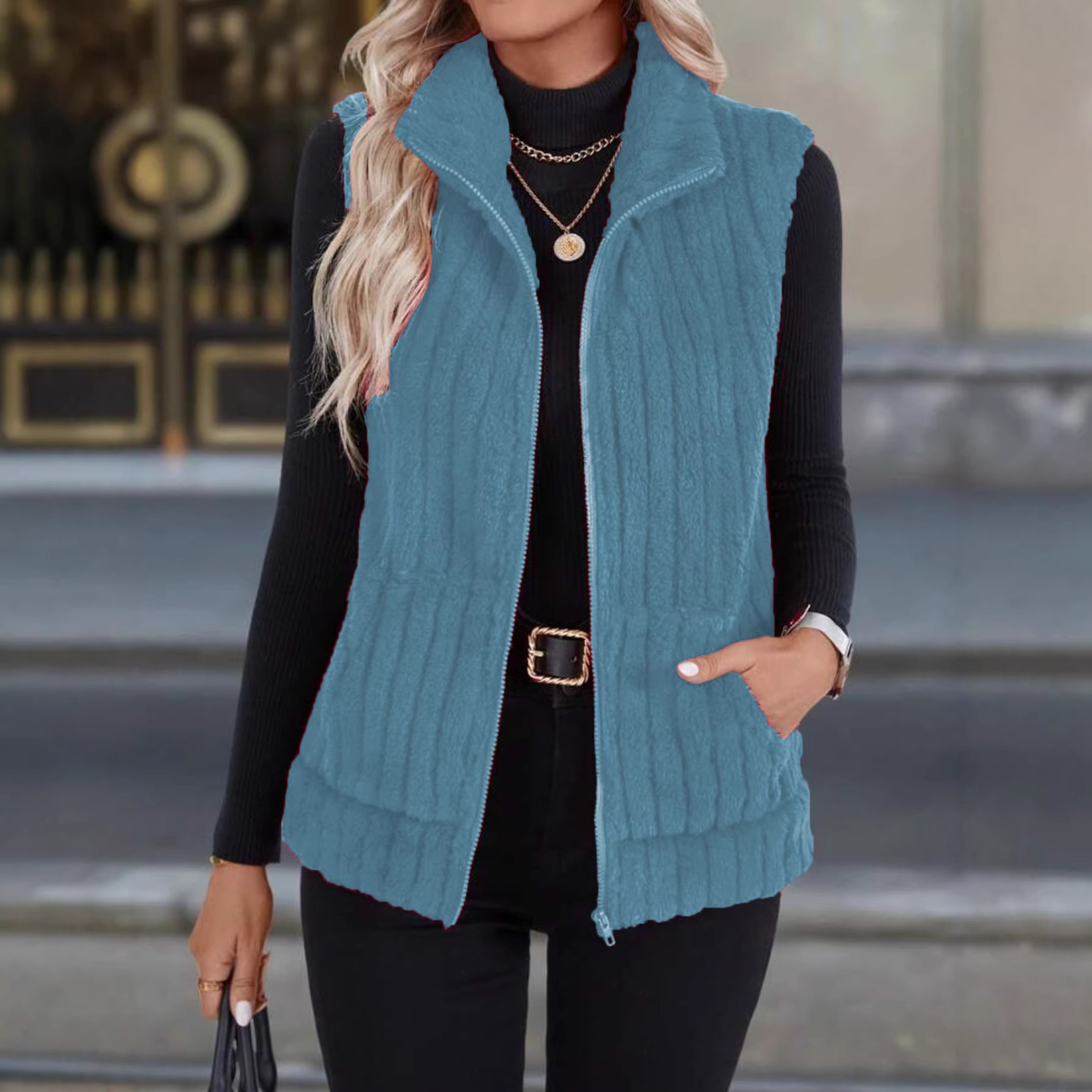 European and American Cross-Border Amazon New Autumn and Winter Fashion Hot-Selling Zipper Pocket Elegant and Stylish Women's Plush Plaid Coat