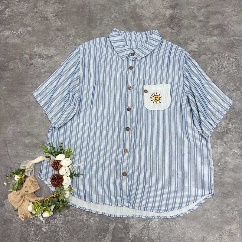 Good Workmanship Japanese Double-layer Yarn Vertical Stripe Shirt Artistic Style Small Sun Embroidered Pure Cotton Half-sleeve Thin Top
