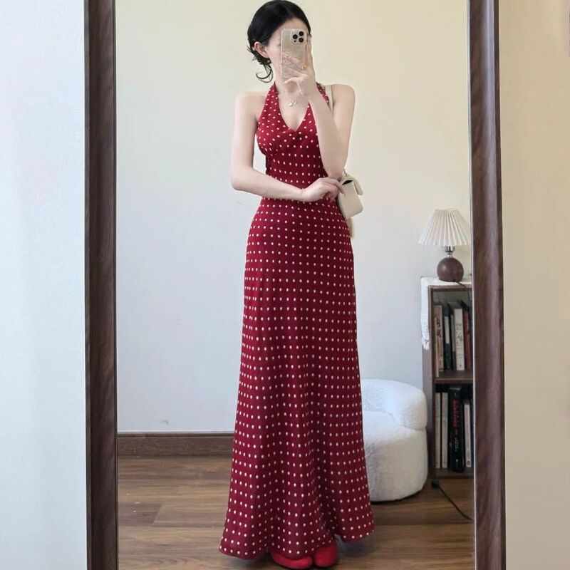 Beautiful Red Polka-Dot V-Neck Halter Dress for Women, New Spring and Summer Style, Pure Desire Style, Backless Tie-Up Strap Dress Beautiful Red Polka-Dot V-Neck Halter Dress for Women, New Spring and Summer Style, Pure Desire Style, Backless Tie-Up Strap Dress