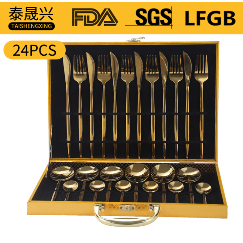 Amazon popular vajilla de acero inoxidable 24 unidades traje Portugal cuatro piezas principales comida occidental cuchillo, tenedor y cuchara caja de regalo traje