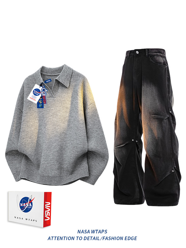 NASA ABOUT美式潮牌休闲运动套装男秋季新款宽松针织衫复古潮毛衣|undefined