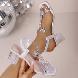 欧美跨境批发大码女凉鞋夏季新款韩版一字带水钻高跟鞋粗跟凉鞋女