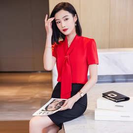 雪纺飘带衬衫女夏短袖设计感小众红色上衣高级感时尚气质职业衬衣