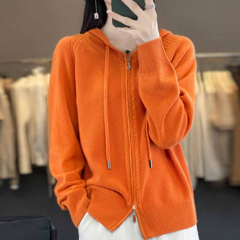 Early Autumn new double zipper hooded cardigan women's autumn and winter loose lazy sweater sweater long sleeve casual coat