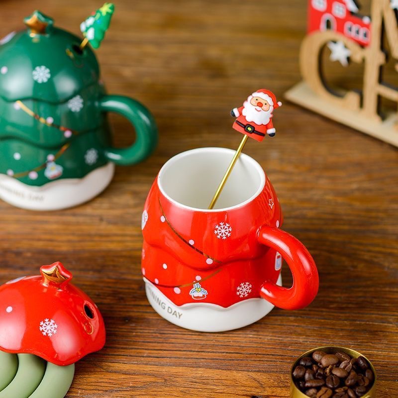 Taza navideña creativa, taza de cerámica con tapa y cuchara, taza para beber, taza de alta gama, taza de gran capacidad con diseño de árbol de Navidad